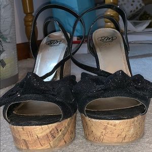 Black Glitter Cork Wedges
